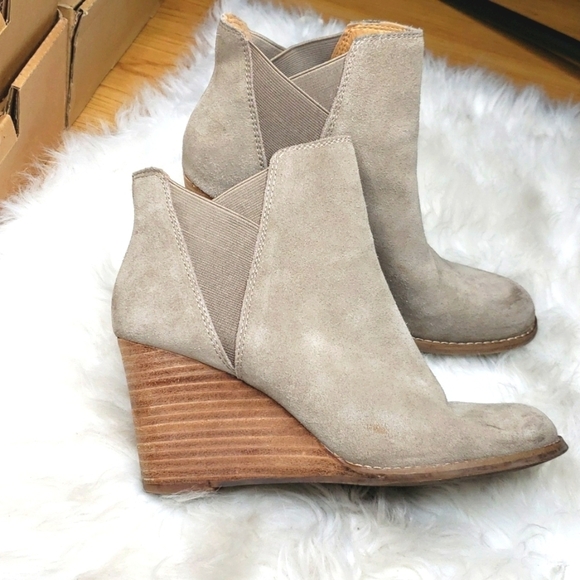 Lucky Brand LP Youse Brindle Tan Suede Cow Split Wedge Ankle Booties Boots - Picture 5 of 10